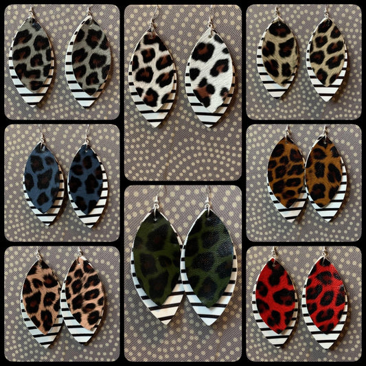 Faux Leather Earrings - Animal Print Diamond Double