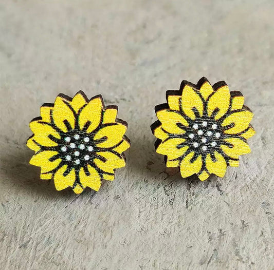 Wooden Stud Earrings - Sunflower