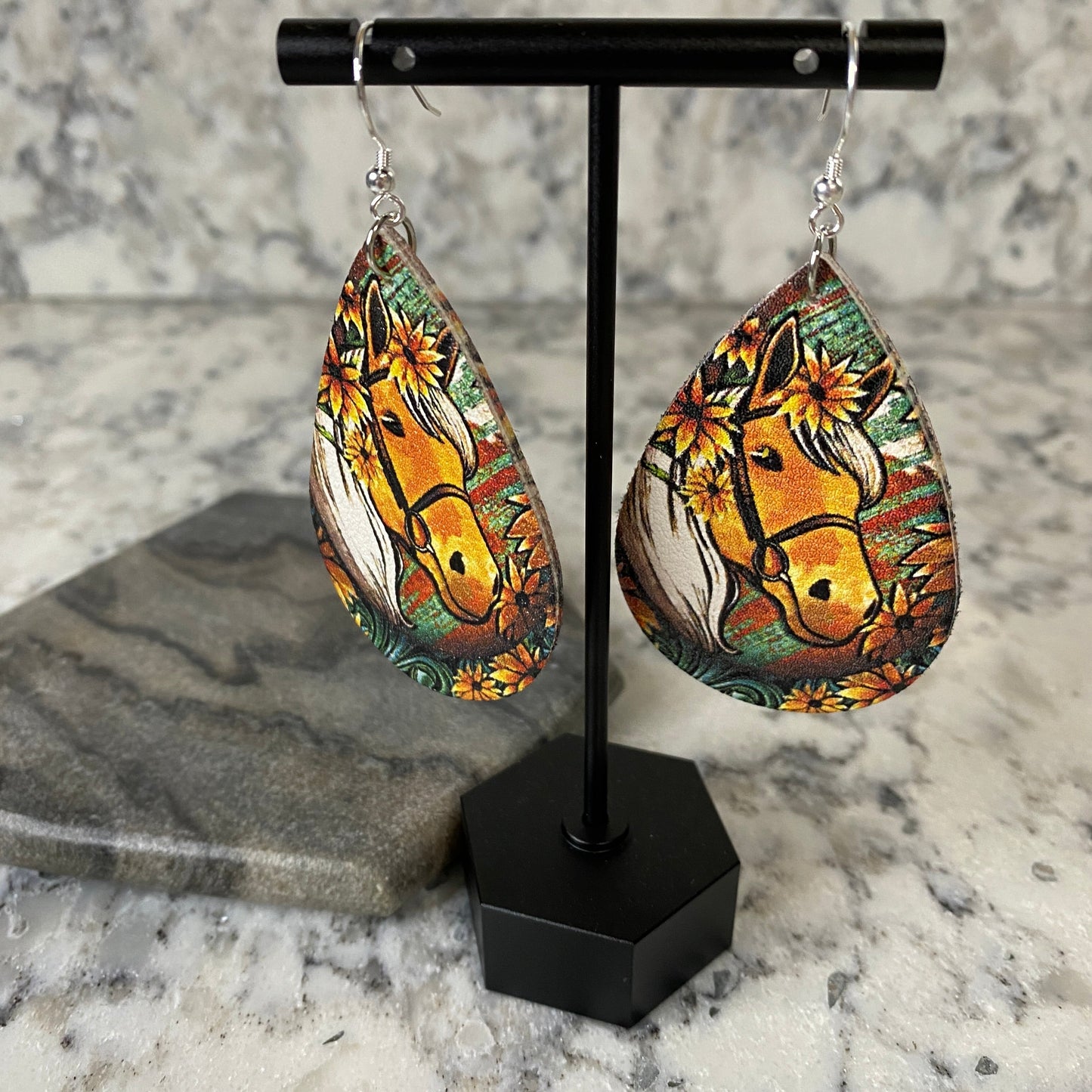 Faux Leather Earrings - Horse Teardrops