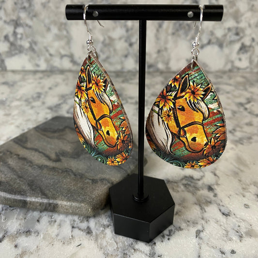 Faux Leather Earrings - Horse Teardrops