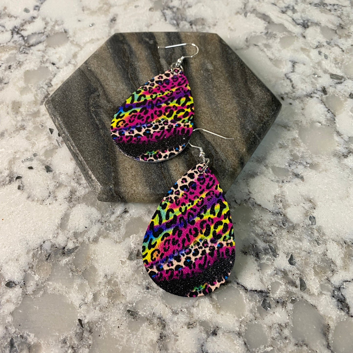Faux Leather Earrings - Rainbow Animal Teardrops