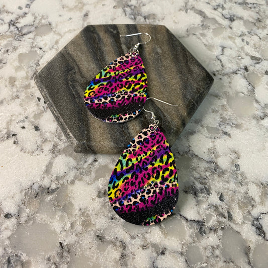 Faux Leather Earrings - Rainbow Animal Teardrops