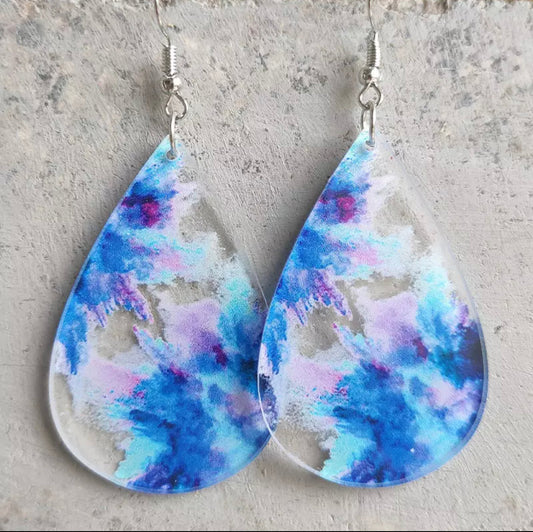 Acrylic Hook Dangle Earrings - Blue Purple Teardrops