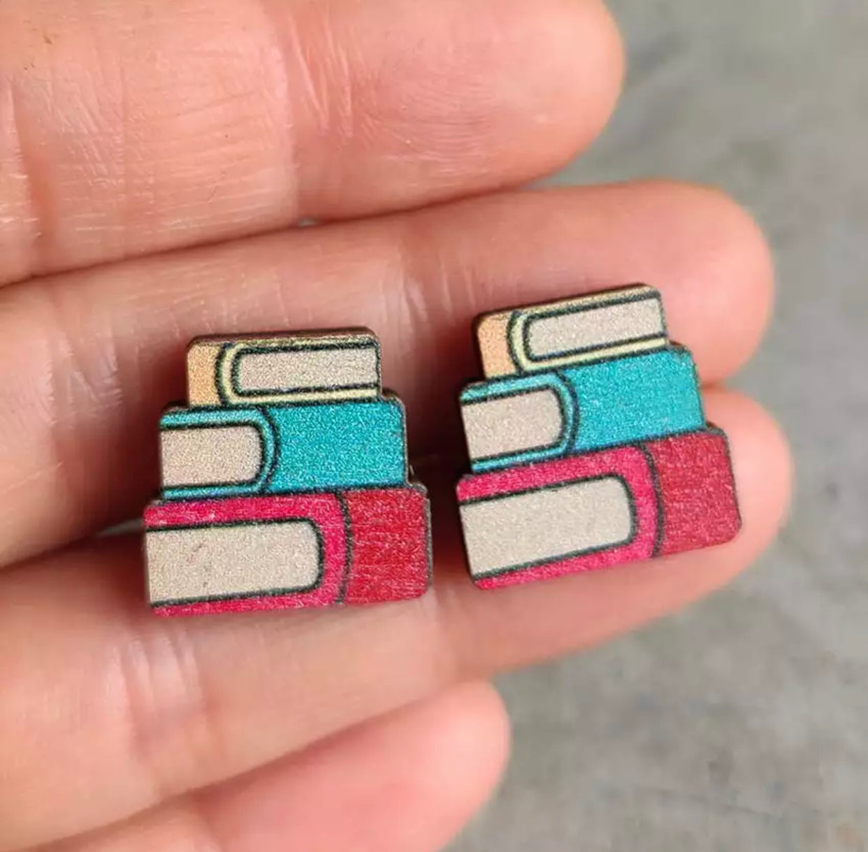 Wooden Stud Earrings - Book Stacks