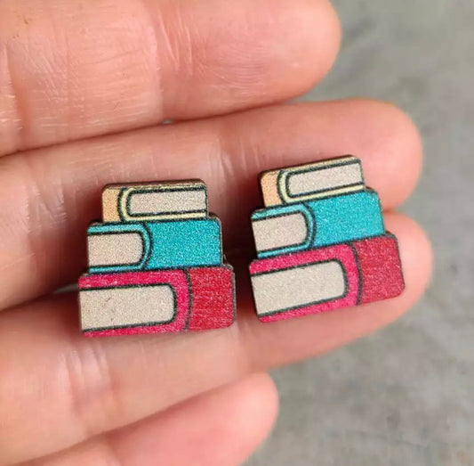 Wooden Stud Earrings - Book Stacks