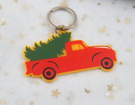Truck and Tree Holiday Keychain