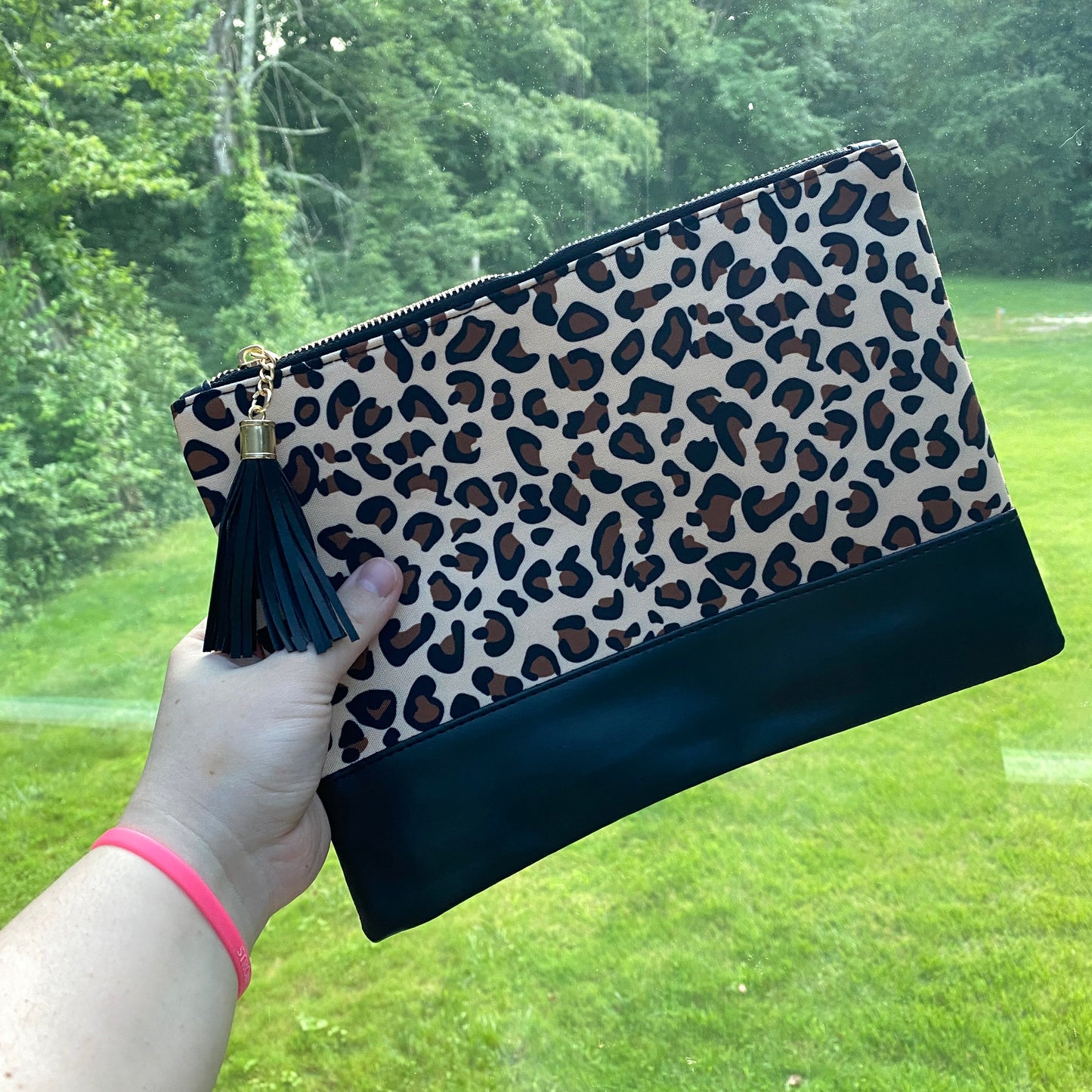 Clutch - Oversized Faux Leather & Canvas - White Plaid