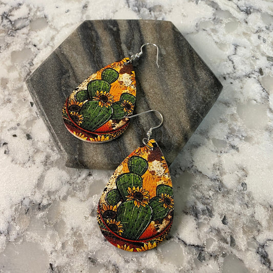Faux Leather Earrings - Cactus Floral Teardrops