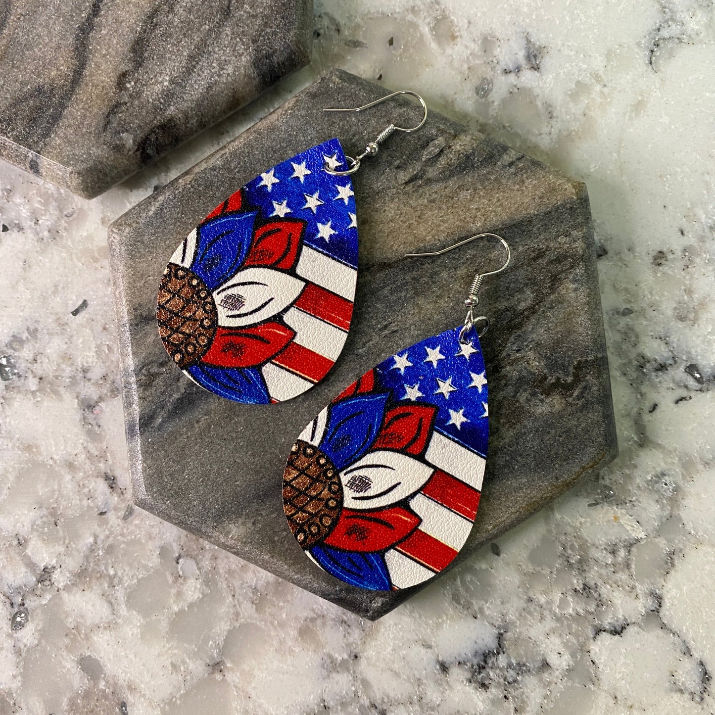 Faux Leather Earrings - Red White Blue Sunflower Teardrops