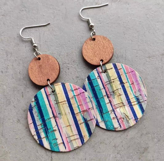 Wood & Cork Cutout Earrings - Vertical Rainbow Stripe
