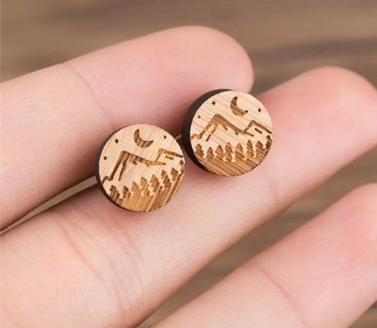 Wooden Round Stud Earrings - Mountain Adventure