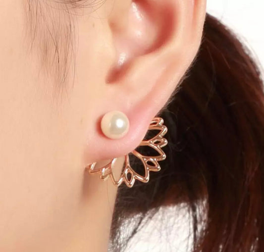 Metal Stud Earrings - Pearl Lotus Peek-A-Boo