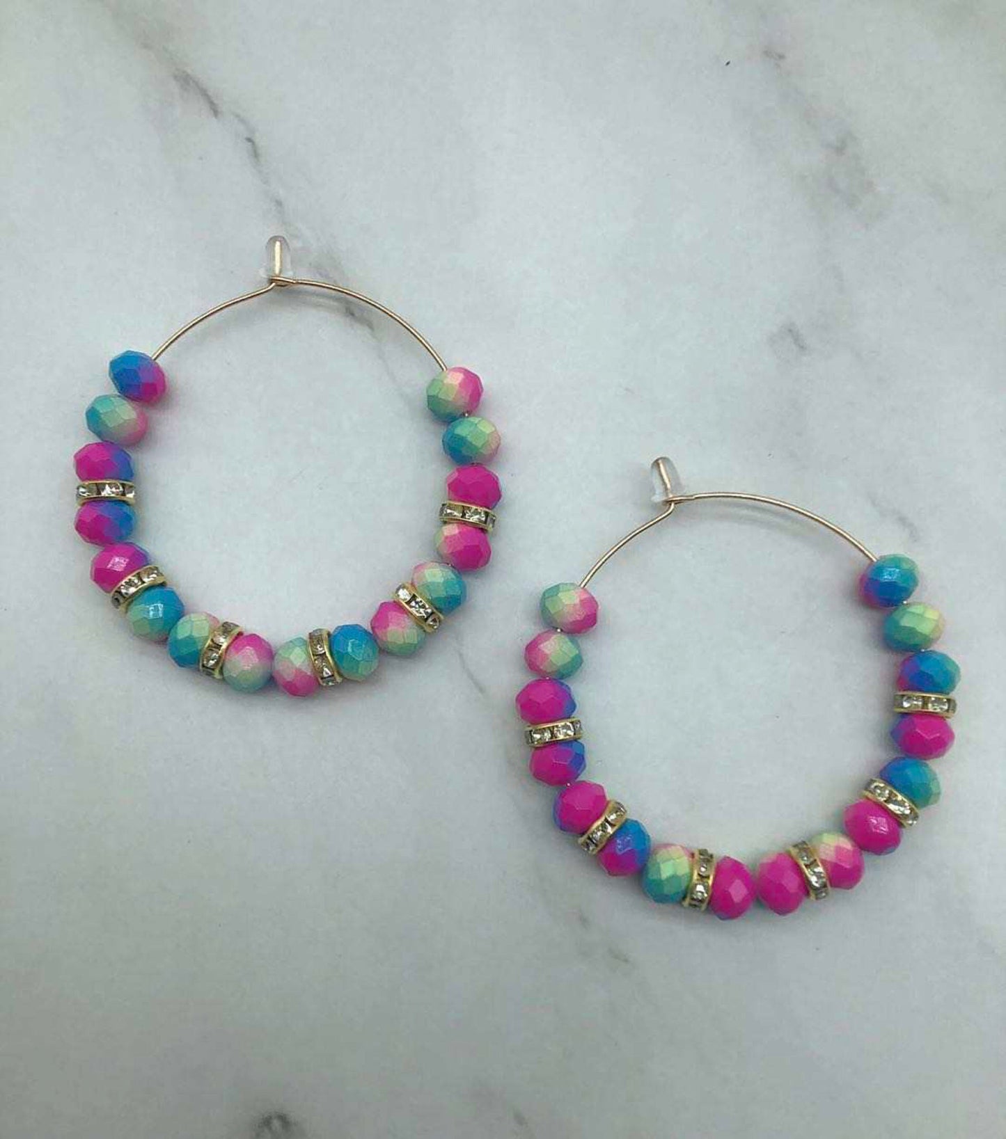 Metal Hoop Earrings - Rainbow Bead