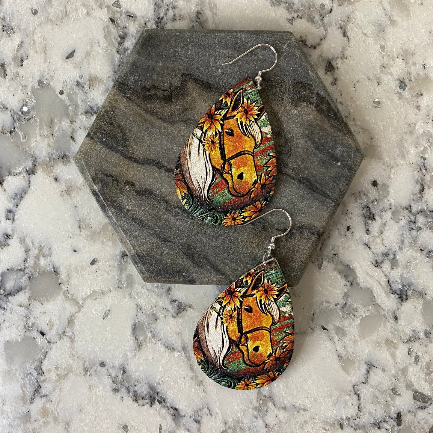 Faux Leather Earrings - Horse Teardrops