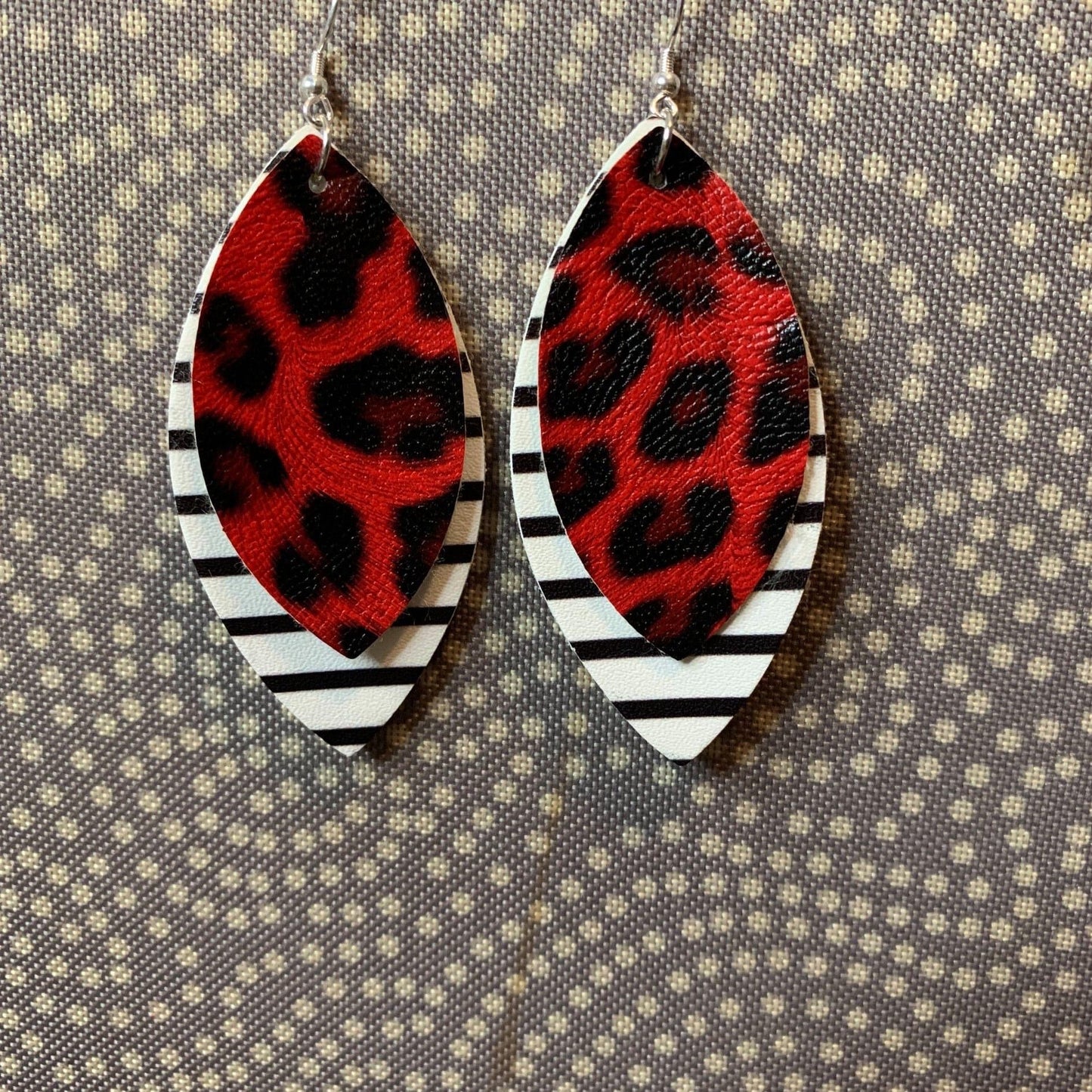 Faux Leather Earrings - Animal Print Diamond Double