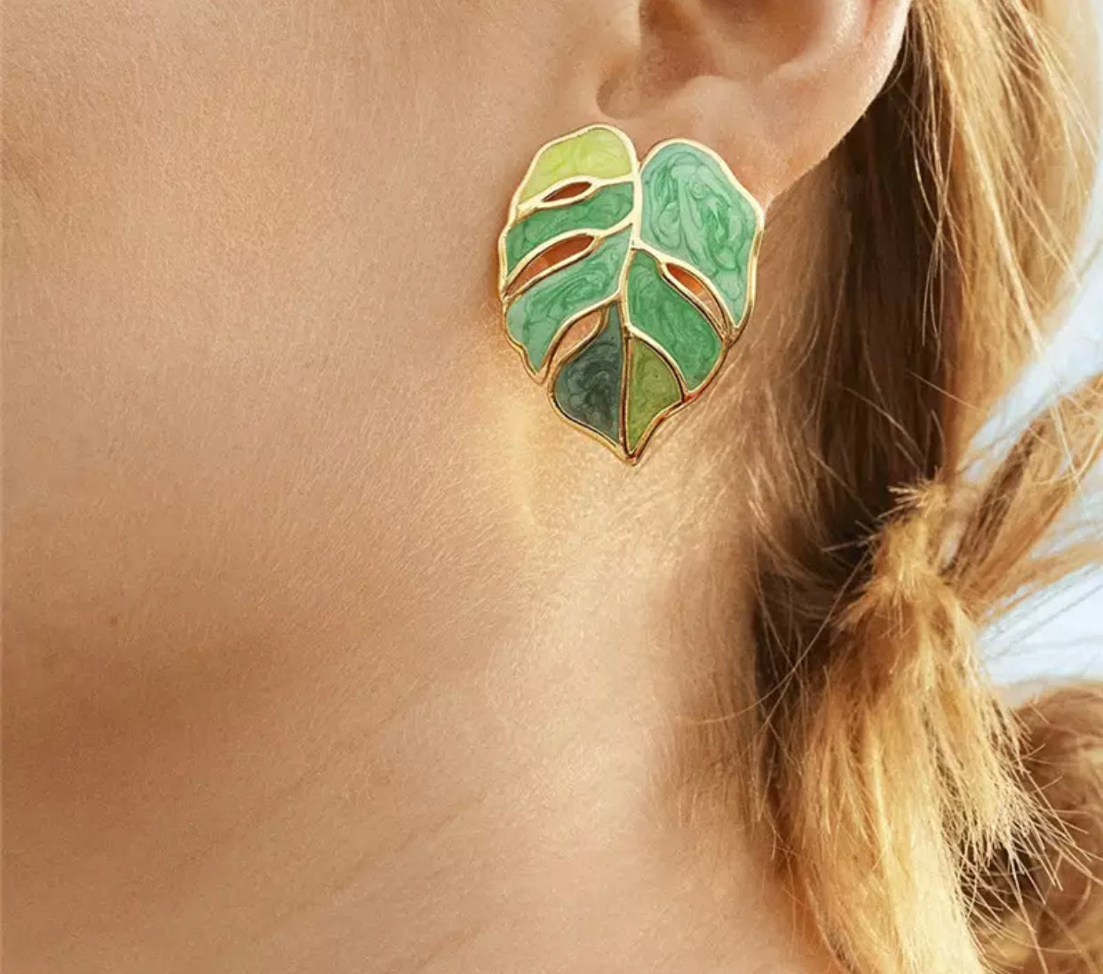 Metal Stud Earrings - Green Monstera