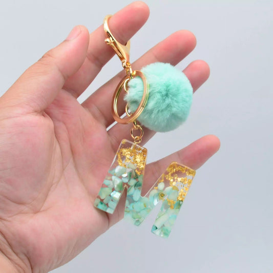 Letter Keychain - Mint Pom Pom