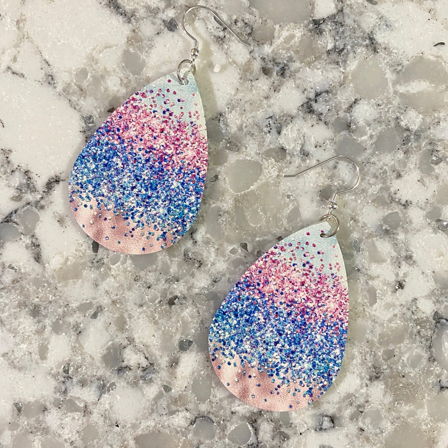 Faux Leather Earrings - Blue & Pink Sparkle Teardrops