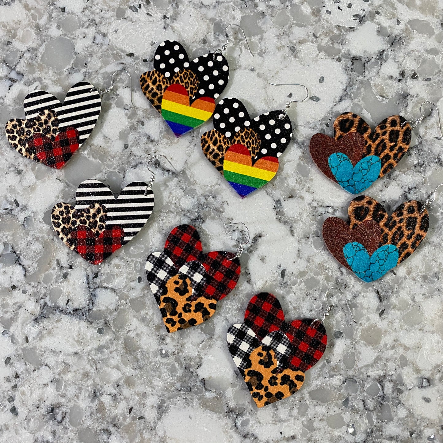 Faux Leather Earrings - Triple Heart Shape