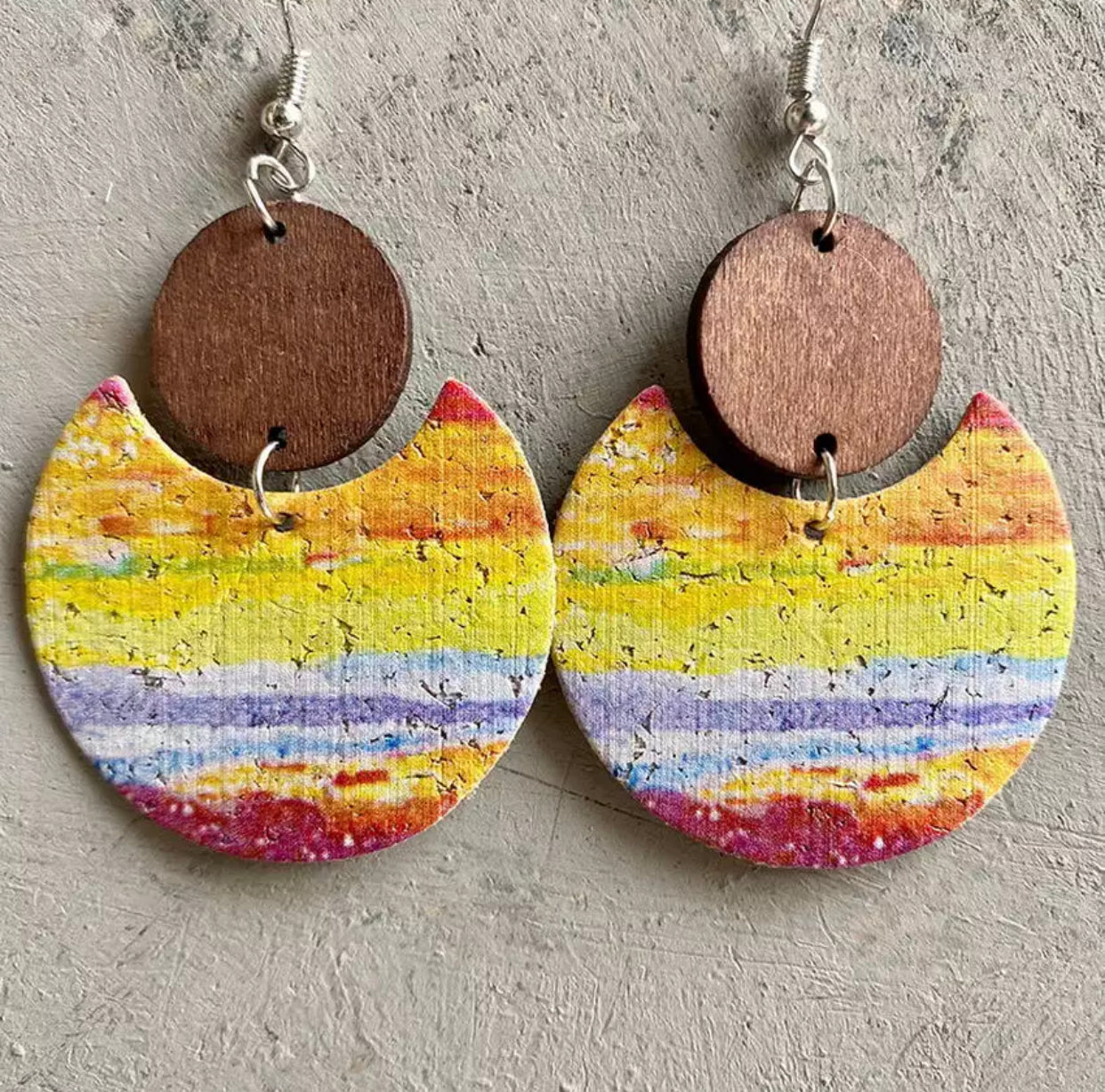 Faux Leather Earrings - Rainbow Cork Wood Cutout
