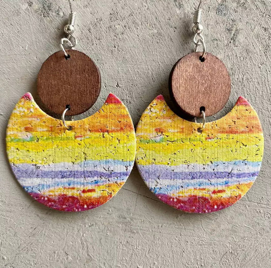 Faux Leather Earrings - Rainbow Cork Wood Cutout