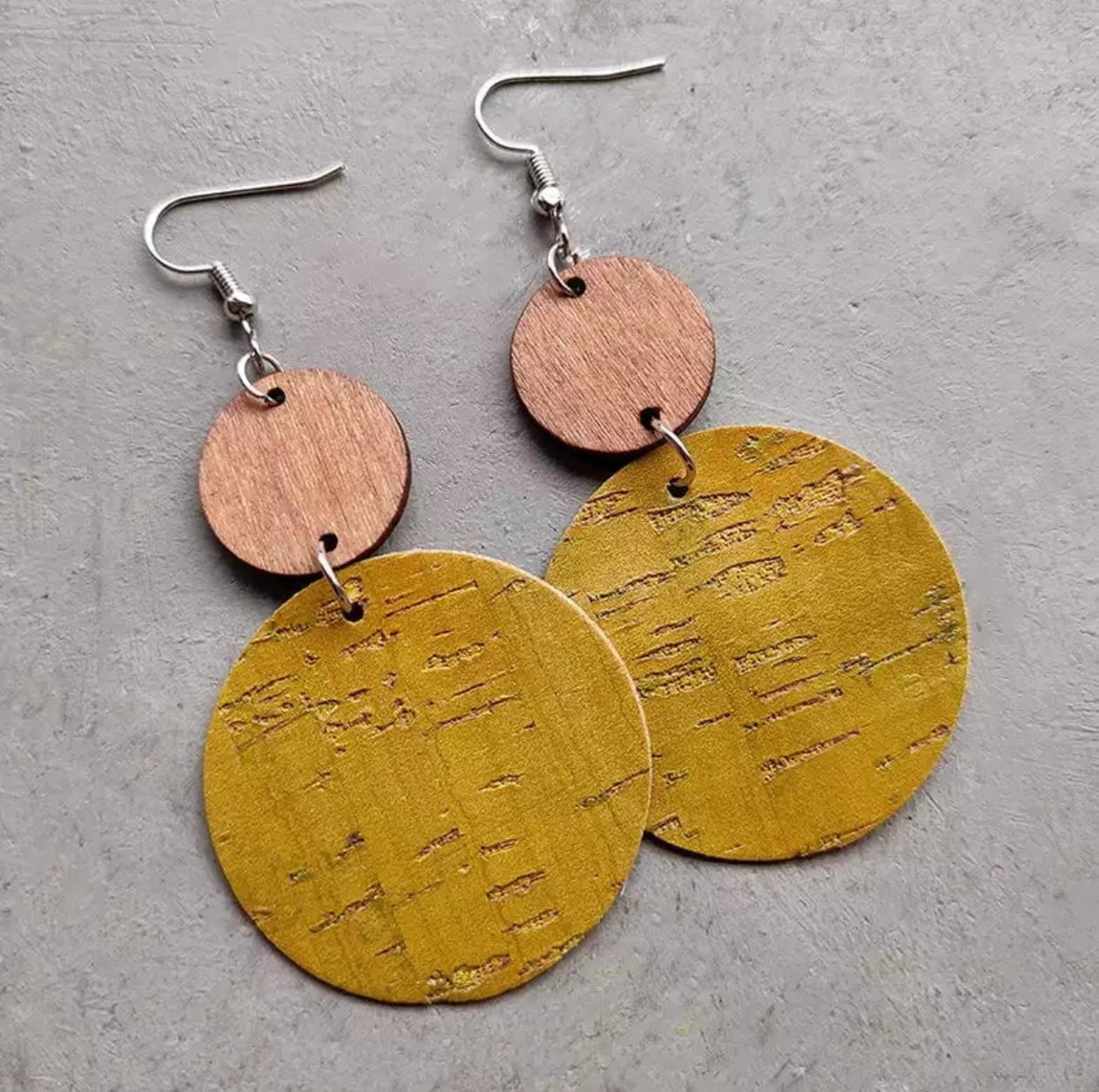 Wood & Cork Cutout Earrings - Mustard