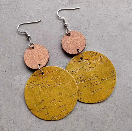 Wood & Cork Cutout Earrings - Mustard