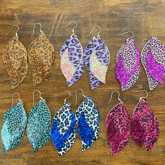 Faux Leather Earrings - Animal Triple with Glitter Wave