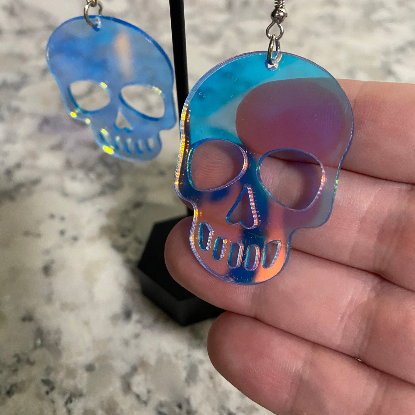 Acrylic Hook Dangle Earrings - Holographic Skull