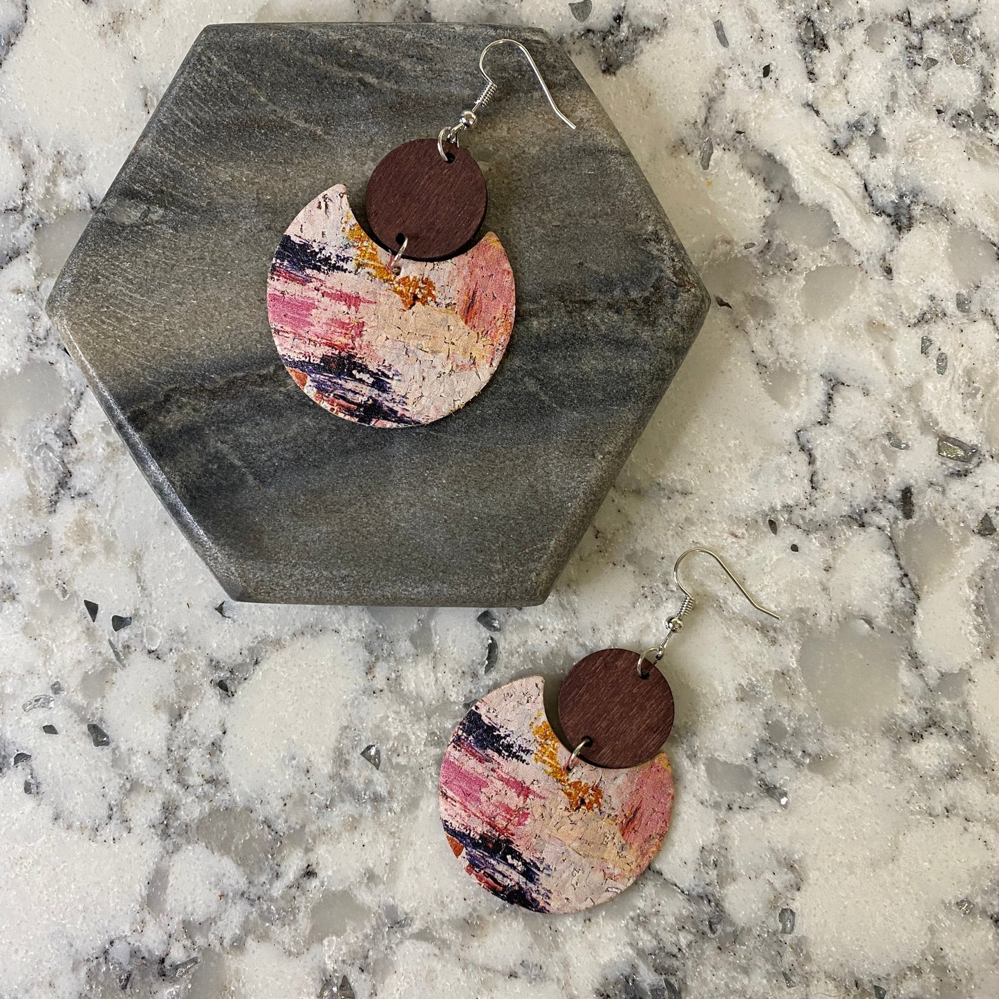 Faux Leather Earrings - Pink & Navy Cork Wood Cutout