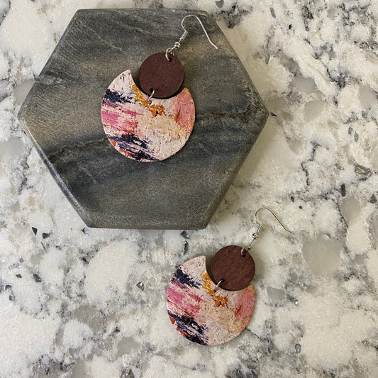 Faux Leather Earrings - Pink & Navy Cork Wood Cutout