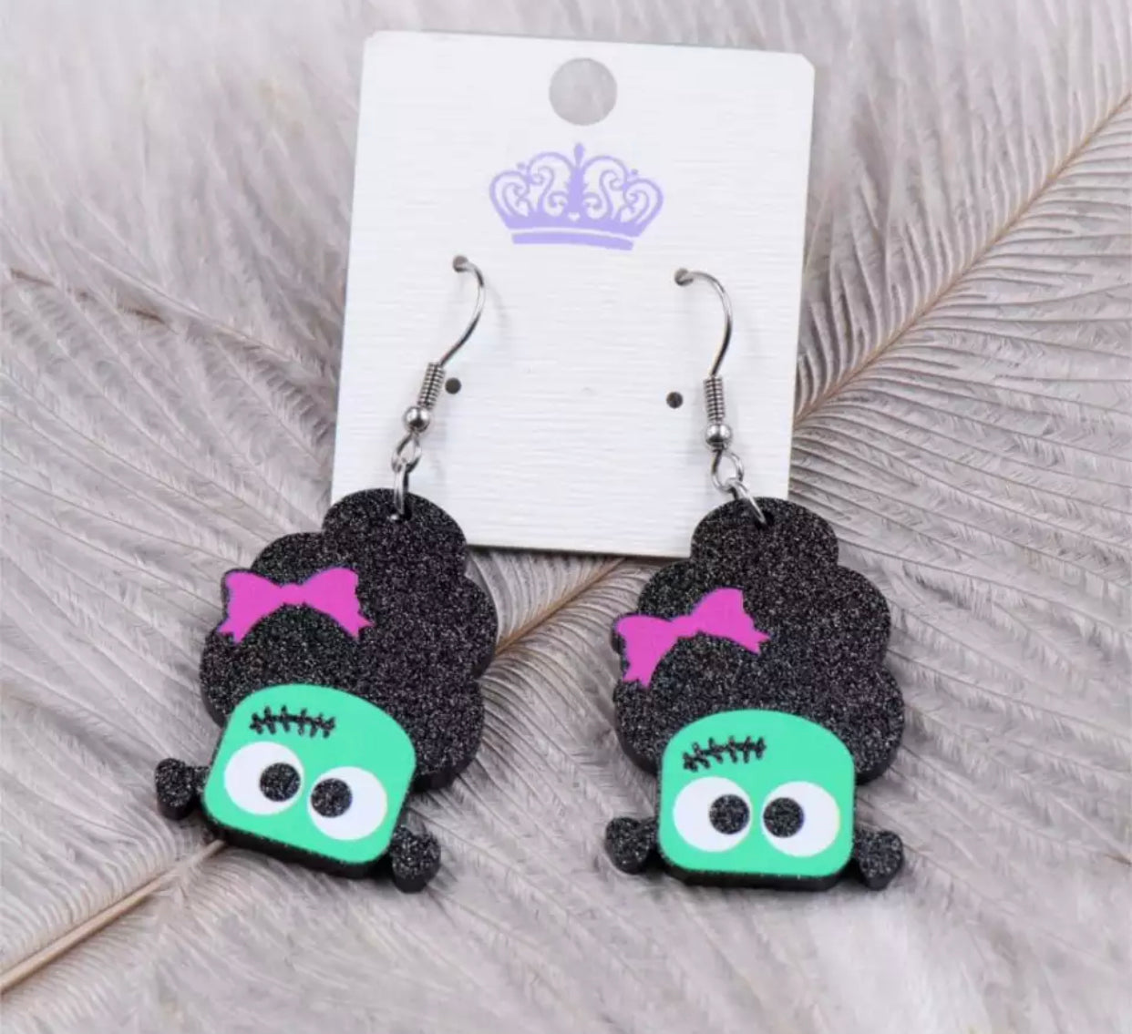 Acrylic Hook Dangle Earrings - Monster with Bow - Halloween