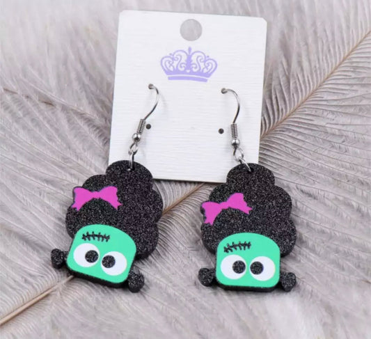 Acrylic Hook Dangle Earrings - Monster with Bow - Halloween