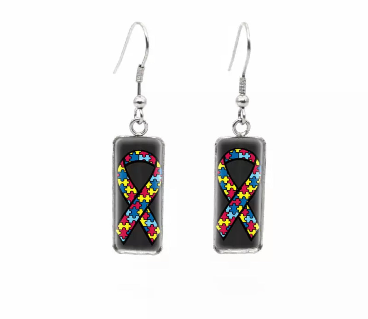 Glass Dome Hook Earrings - Puzzle Ribbon