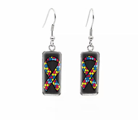 Glass Dome Hook Earrings - Puzzle Ribbon