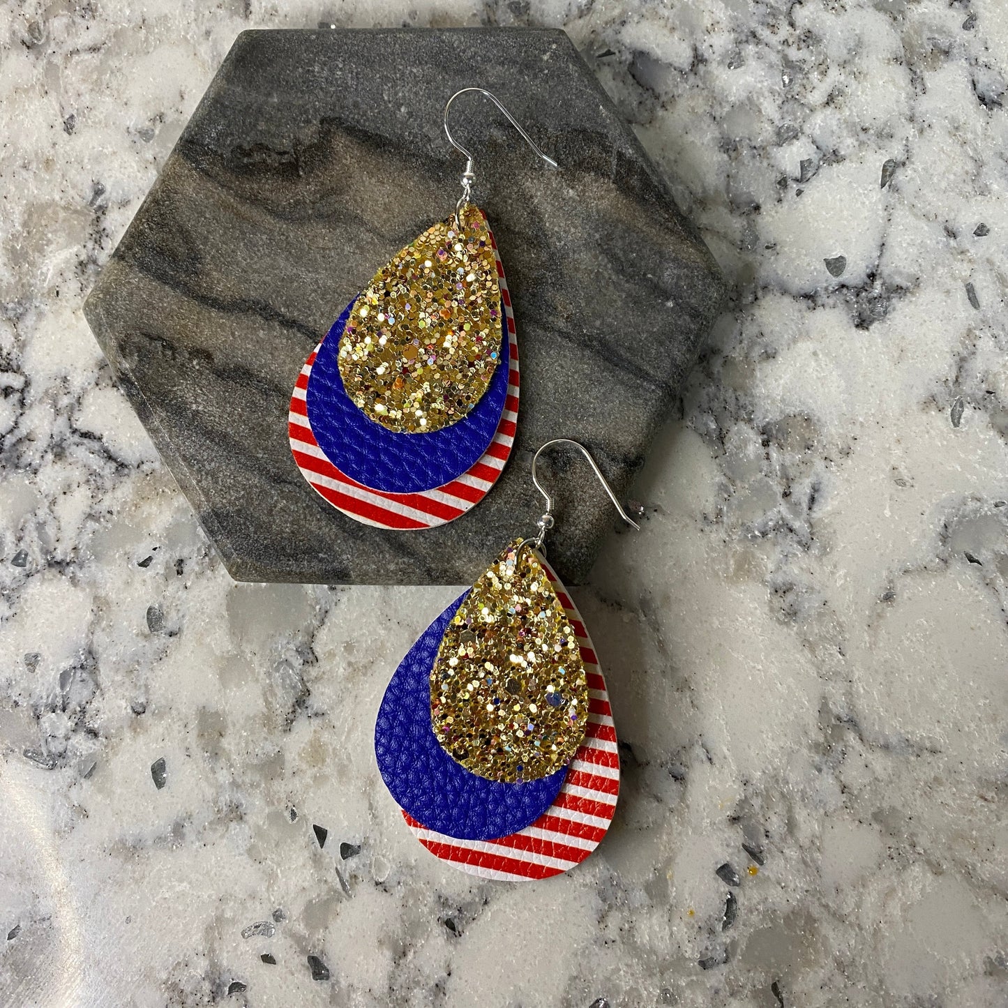 Faux Leather Earrings - Triple American Flag Mix Teardrops