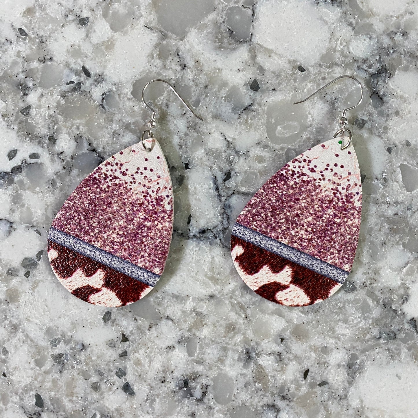 Faux Leather Earrings - Pink Sparkle Cow Print Teardrops