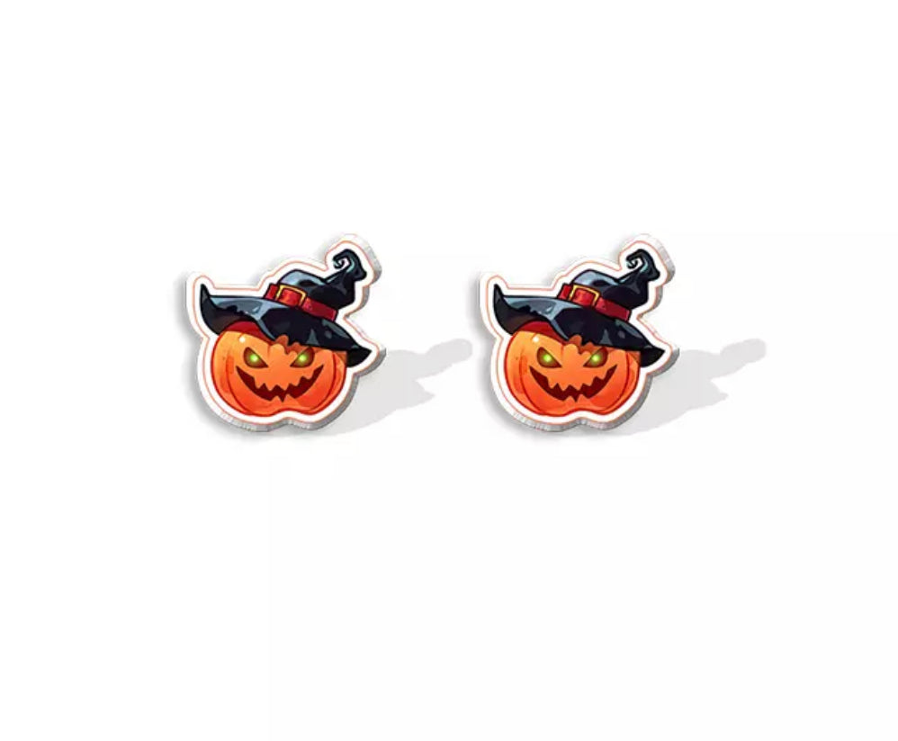 Acrylic Stud Earrings - Pumpkin Witch Hat