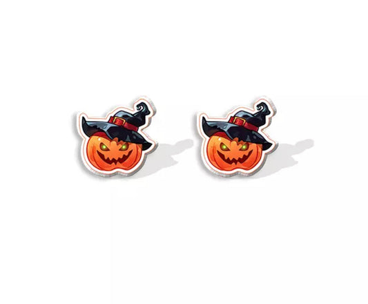 Acrylic Stud Earrings - Pumpkin Witch Hat