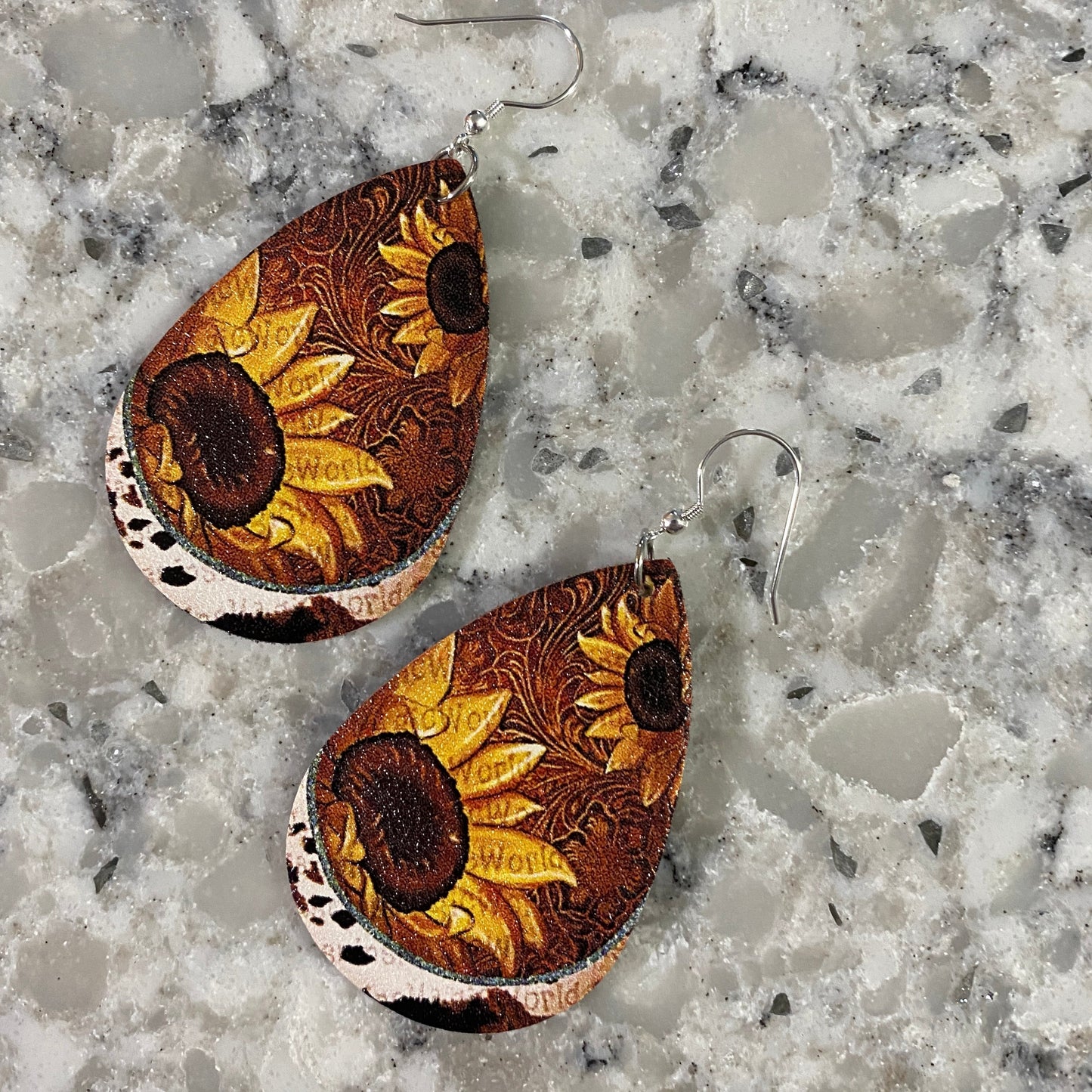 Faux Leather Earrings - Cow & Sunflower Teardrops