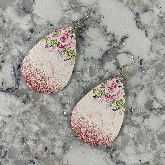 Faux Leather Earrings - Floral & Baby Pink Sparkle Teardrops