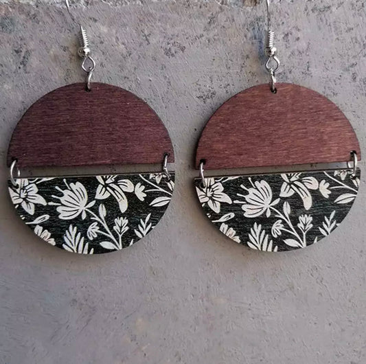 Wood Earrings - Half & Half Black & Floral