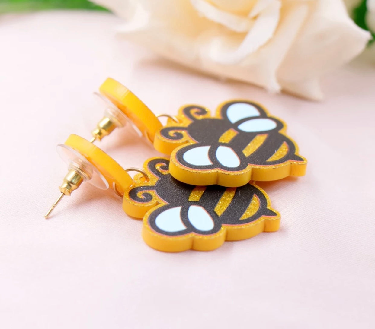 Acrylic Stud Dangle Earrings - Yellow Bee