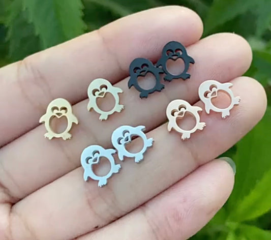 Metal Stud Earrings - Penguin