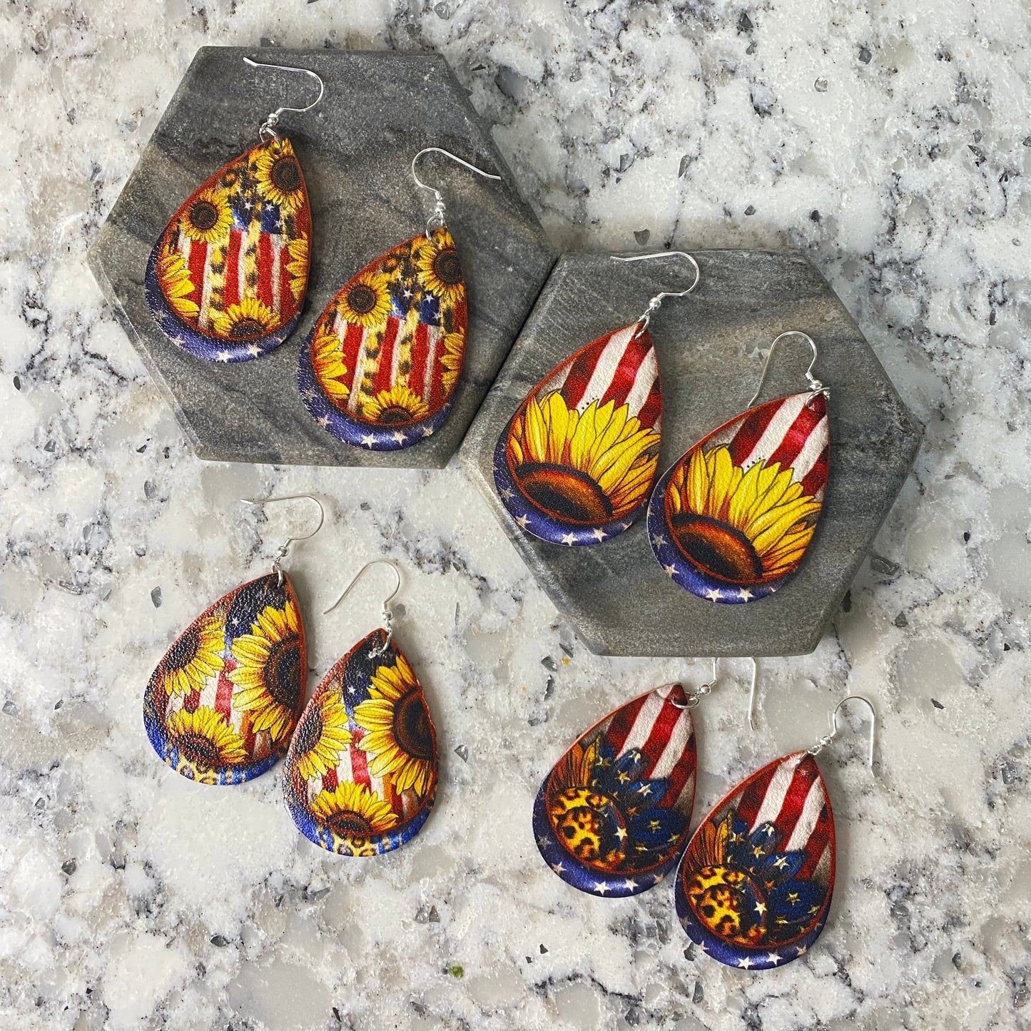 Faux Leather Earrings - American Flag Sunflower Mix Teardrops