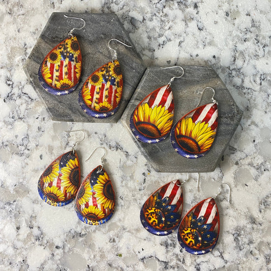 Faux Leather Earrings - American Flag Sunflower Mix Teardrops