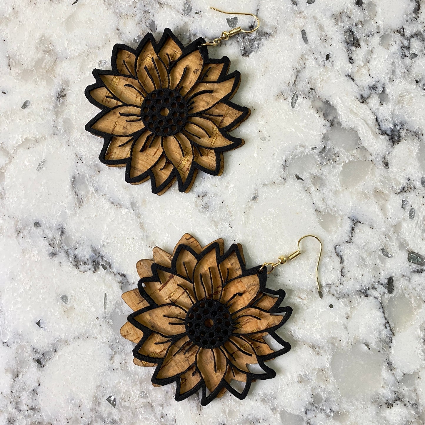 Faux Leather Earrings - Wood Cork Sunflower