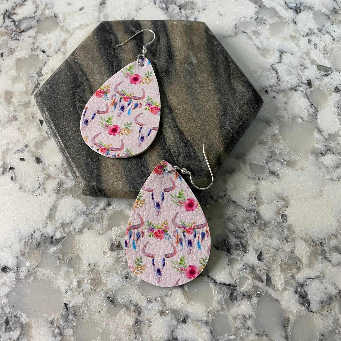 Faux Leather Earrings - Floral Skull Teardrops