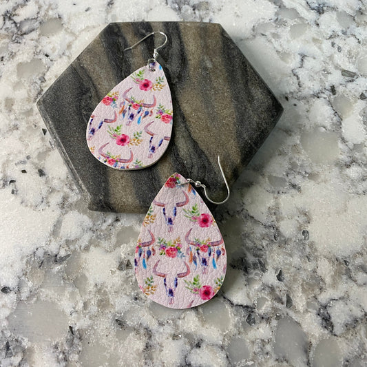 Faux Leather Earrings - Floral Skull Teardrops