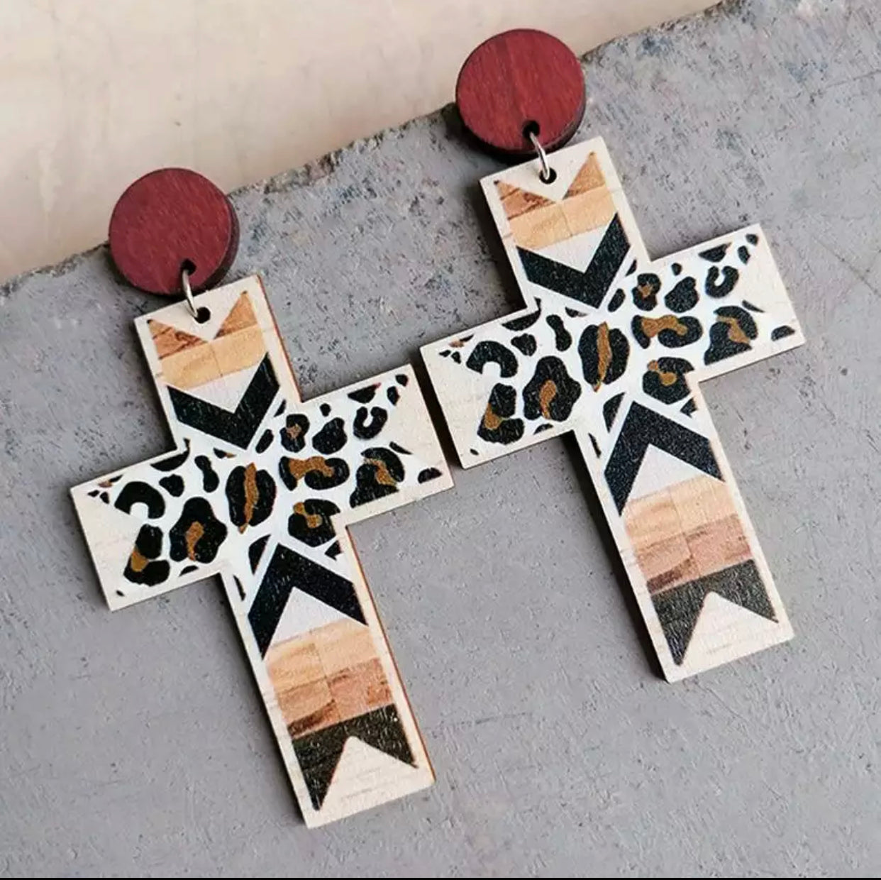 Wooden Cutout - Animal Print Cross Stud Dangle